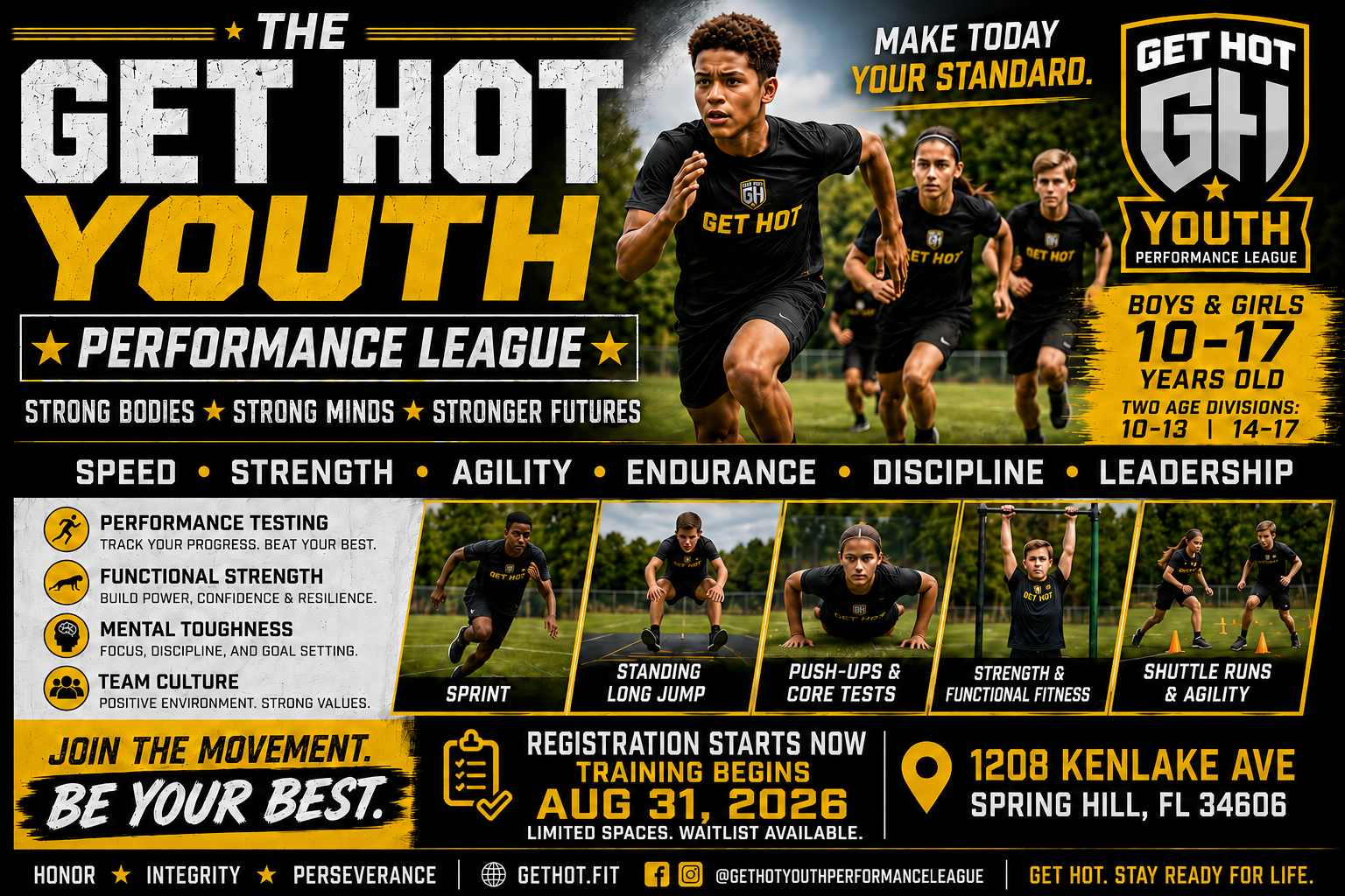 Get Hot Youth Performance League promotional flyer showing youth athletes training outdoors. Full program details are provided in the text below.